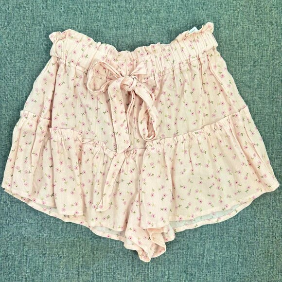 Pre-Owned‎ Vanilla Star Mini Shorts Skirt Floral Elastic Waist Pale Pink Ruffled - Picture 2 of 15